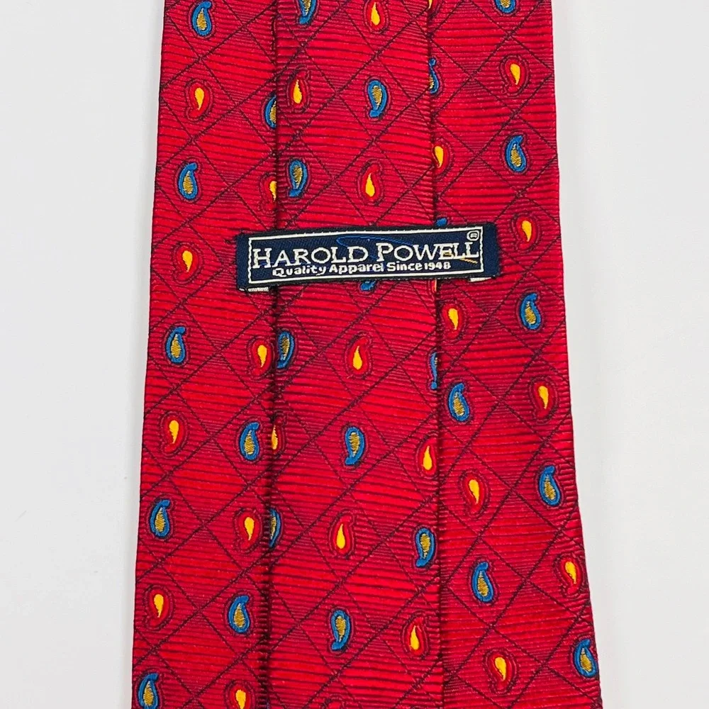 Harold Powell Silk Necktie‎ Mens OS Red Paisley Diamond Handmade Italy Wide Tie